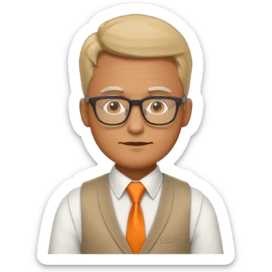 man in vest with orange tie, wearing glasses sticker