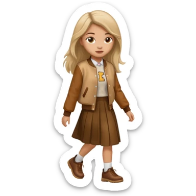 black color, light skin  long hair girl with brown varsity jacket and long skirt walking  sticker