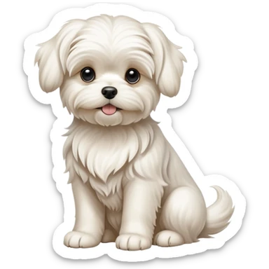 detailed-[Maltese dog]-realistic-full-body-sitting-emoji,-tail-resting-loosely-beside-its-paws,-head-tilted-dramatically, -wavy-[cream white]-fur,-simplified-yet-realistic-focused-features,-highly-detailed,-glowing-with-an-almost-sarcastic-glow sticker