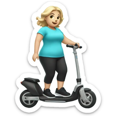 Chubby blonde girl in a cyan shirt with black slide sandals, white socks and black footwear riding a kick scooter sticker