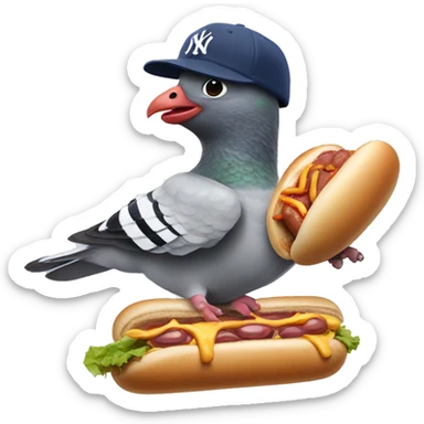 pigeon wearing New York yankee hat while smashing a hotdog sticker