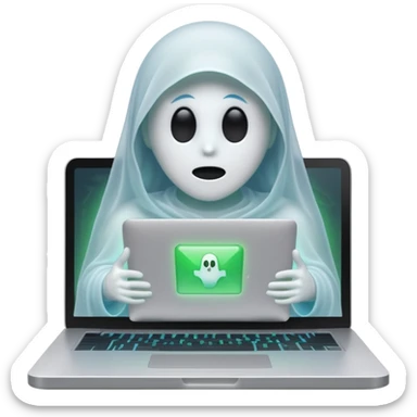 ghost with laptop, green and blue accents, hinting at Vue and React, IT atmosphere sticker