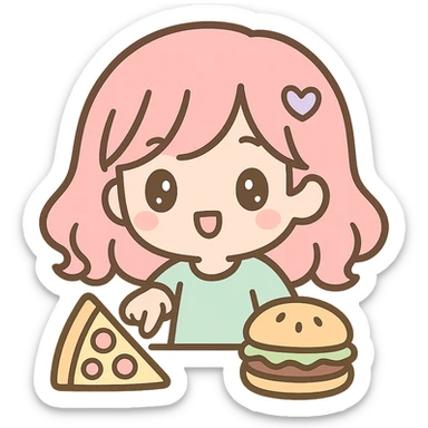 A kawaii chibi anime style woman character with flat pastel colors and thick outlines, simple cute features, transparent background. She is pointing at a pizza and a hamburger placed in front of her. sticker