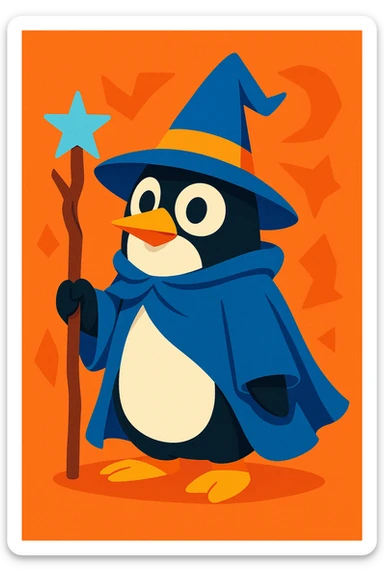 a penguin dressed as a wizard, with a pointed hat and a magic staff, in a fun and whimsical style sticker