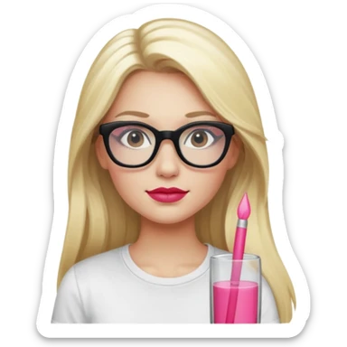A blonde woman, long hair and long eye lashes, red blushes and little pink lipstick and highlighter, glass skin, black glasses, white tshirt sticker