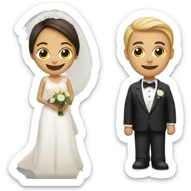 the bride and groom holding a wedding invitation sticker