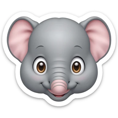 A cute, friendly cartoon elephant face smiling broadly. Big sparkling eyes, rosy cheeks, soft rounded shapes, pastel colors, children's book illustration style, heartwarming sticker