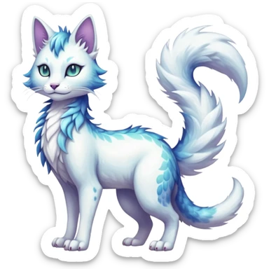Kawaii white iridescent beautiful pretty elegant divine edgy fantasy feline-vernid-fionbri-sergal-fursona animal creature with a tufted tail full body with intricate markings  sticker