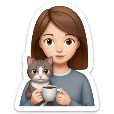 Chica peli castaña tomando café con un gato gris en la otra mano  sticker