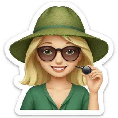 
blonde girl in dark green beach big hat adjusting sunglasses sticker