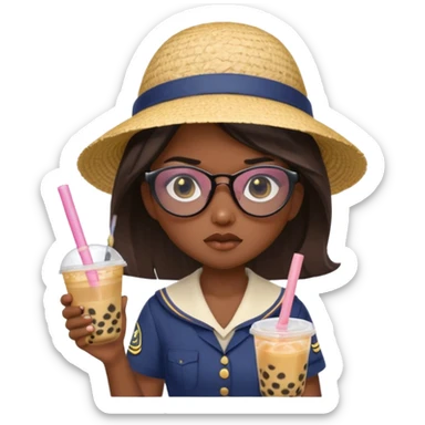 A Angry Teen Female with Dark skin and Bald, oval face, wearing a Uniform outfit, a Sunhat, Sunglasses, carrying a Enchanted staff, working as a teacher, while drinking Bubble tea and reading a Comic.
 sticker