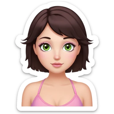 fairy woman, soft green eyes, big eyelashes, dark brown bob, brown cheek freckles, pink halter top, curvy sticker
