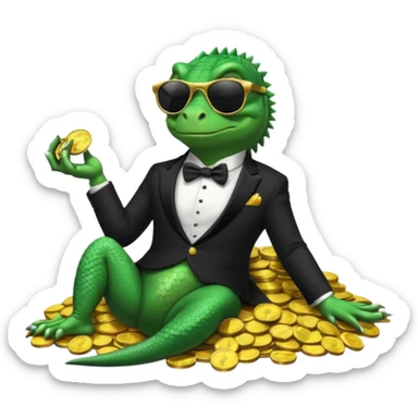 capitalist iguana banker in tuxedo and black sunglasses lying comfortly on coins sticker