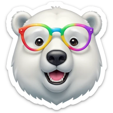 head and shoulders of a friendly anthropomorphised polar bear wearing oversized colorful star glasses, excited expression sticker
