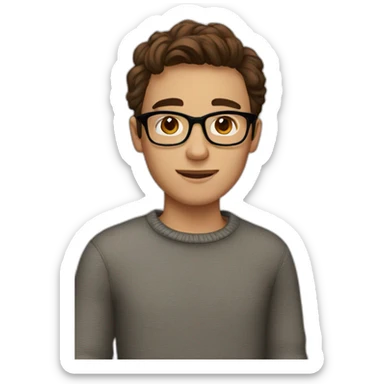 A young man with brown eyes and brown hair, glasses and a sweater sticker