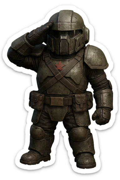 Make the armor look like a Helldiver from Helldivers 2, including battle-worn details, correct helmet, and color scheme, keeping the dynamic salute, no background. The design should reflect the rugged and realistic look of Helldivers 2 armor with appropriate wear and tear details. sticker