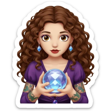 woman with long curly brown hair, brown eyes, white skin, tattoos, holding a crystal ball showing nonsense sticker