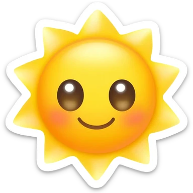Cute kawaii sunshine emoji with a sweet smiling face, big shiny eyes, small rounded sun rays, warm yellow and golden colors, soft lines, adorable style, transparent background. sticker