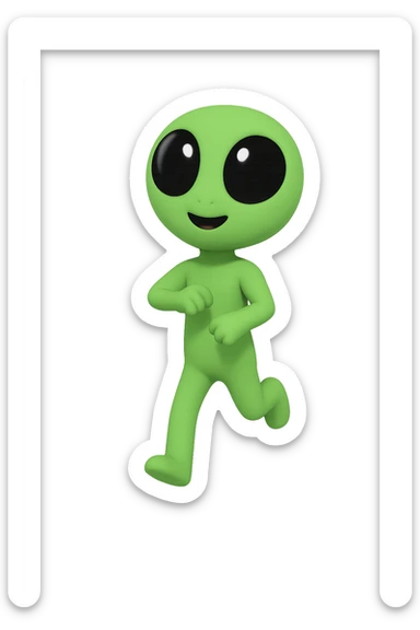 Create a neon green alien dancing, almost identical to the reference image, with minimal changes in the positions of arms and legs, looking straight ahead. This is frame 3 of an animation. PNG format with transparent background. sticker