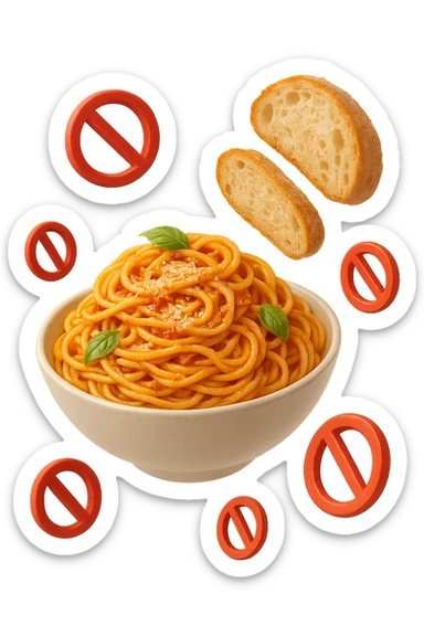 bowl di pasta e fettine di pane che fluttuano in aria con piccoli divieti 3d, sfondo bianco, iperrealistico 4k sticker