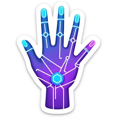 A futuristic abstract logo featuring a geometric hand outline with circuit-like lines, glowing in neon blue and purple, minimal and modern design sticker