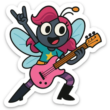young female fly with magenta hair, big eyes, teal shirt with star, golden belt, black boots, purple-striped leggings, holding a pink guitar, rockstar pose, playful and energetic sticker