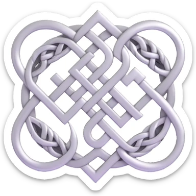 Create a karma symbol with an endless knot design featuring intricate interwoven lines. The style should be 3D silver metallic with realistic shine and depth, icon-like and balanced. No background, transparent. sticker