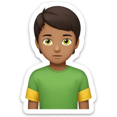 A portrait of a 14-year-old boy, he's got dark-brown hair, brownish skin and green hazel eyes. he's wearing a t-sirt with yellow sleeves. sticker