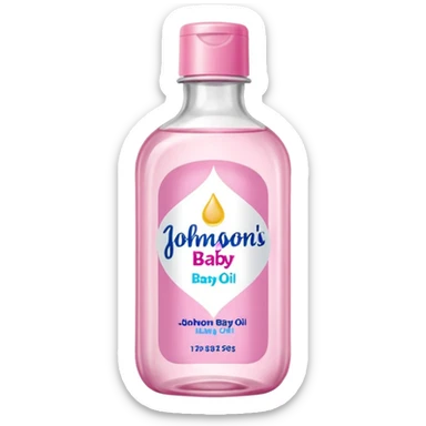 johnson's baby oil in a transparant bottle with a pink label. The oil should look transparant  sticker