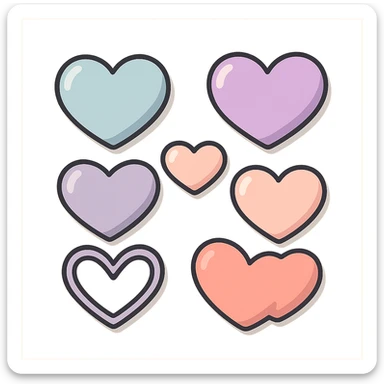 various heart shapes on one sheet, vector look with shadows and highlights, detailed shading, thin clean outlines, soft rounded features, pastel palette #98B5BC #B5B3C1 #C9A3C9 #E4C0CA #F7DCD1 #F7C0AA, Japanese pop art, sticker look, highly detailed sticker