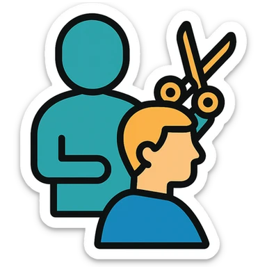 logo of a human receiving a haircut, clean lines, minimal color, modern look sticker