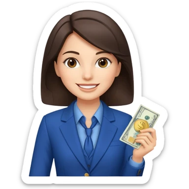 brunet Woman wearing blue suit holding dolar sticker