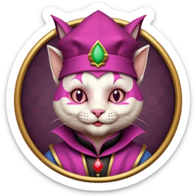 court jester cat medieval, single poker card joker clearly visible, pink, face only, round badge, court jester cap sticker