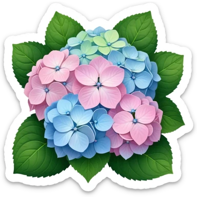 Natural hydrangea flower with realistic cluster of tiny individual blooms, soft color gradients from center to edge, slightly irregular rounded shape, and detailed green leaves sticker