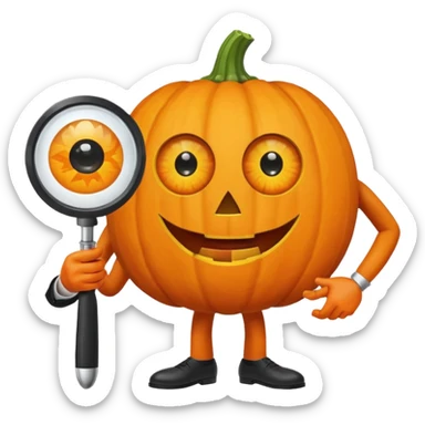 A pumpkin smiling at a magnifying glass (the magnifying glass has limbs and a suit thats black, the magnifying glass also has a eye, looks like a cyclops eye, one eye in the middle turn the magnifying glass into a living person) sticker