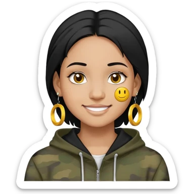 person with military cut black hair, brown eyes, wearing 2 circle earrings and a black hoodie with a smiley face sticker