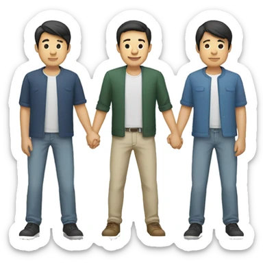three men holding hands, two are white, one is asian sticker