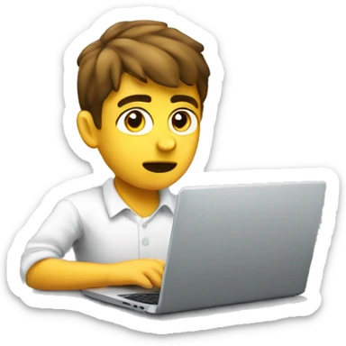a young developer looking confused on laptop with a ? sign. generate it from sideways angle sticker