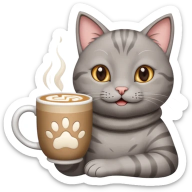 Happy gray Cat holding in its front two paws an hot latte sticker