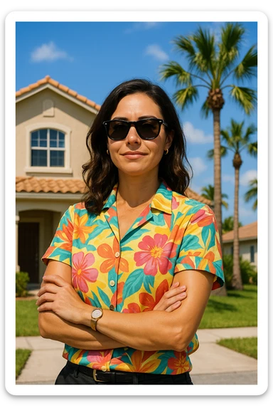 female real estate agent with sunglasses, summer vacation style, colorful shirt, confident expression, sunny background sticker