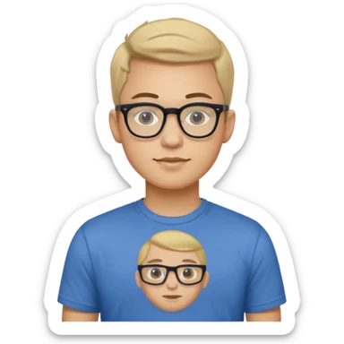 a man in his early 20s wearing glasses for a tech company, his job is marketer sticker