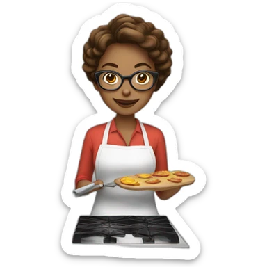 Woman with light skin and brown hair with glasses cooking in kitchen sticker