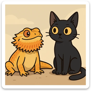 a bearded dragon sitting next to a black cat, cute, cartoon style, flat toon style sticker