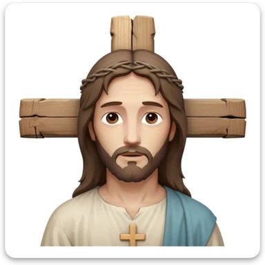 Minimalist emoji of Jesus on the cross, gentle and peaceful face, subtle wounds, simple wooden cross, soft muted colors, reverent and spiritual, serene and respectful, not exaggerated, sacred icon style sticker