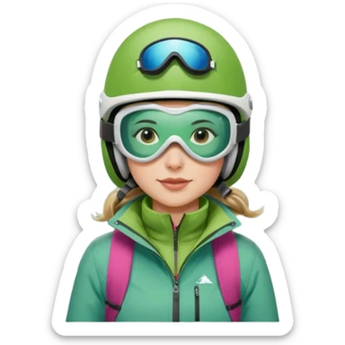 Woman, skiing, White helmet, rosa goggles Green Jacket, green trousers, blue skibackground Matterhorn sticker