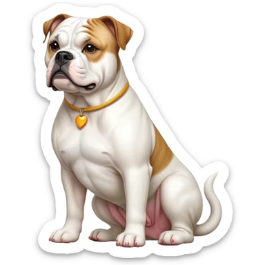 cinematic-[american bulldog]-realistic-full-body-sitting-emoji,-tail-resting-loosely-beside-its-paws,-head-tilted-dramatically,-sleek-[white]-fur,-simplified-yet-realistic-focused-features,-highly-detailed,-glowing-with-an-almost-sarcastic-glow sticker