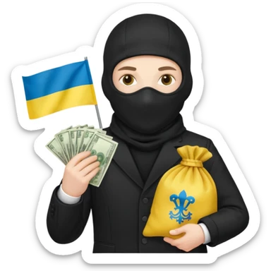 create an incredibly realistic white thief in a black suit and balaclava with a bag of money and a Ukrainian flag on it sticker