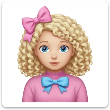 girl with blonde curly hair and blue eyes wearing a pink sweater and white hair bow sticker