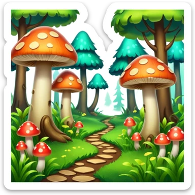 A stylized fantasy forest with glowing mushrooms and colorful tree sticker
