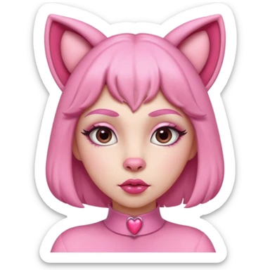 A woman dressed as a pink panther with soft pink skin, big expressive eyes, and glossy lips has a calm, pouty look. Pink animal ears and subtle heart details give her a sweet, playful vibe sticker